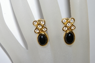 +MBA #e50-400   "Vintage Gold Plated Black Stone & Clear Crystal Earrings" 