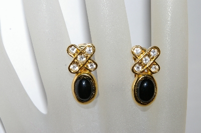 +MBA #e50-400   "Vintage Gold Plated Black Stone & Clear Crystal Earrings" 
