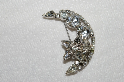 **MBA #E50-197   "Vintage Silvertone Clear Crystal Rhnestone 1/2 Moon & Star Pin"