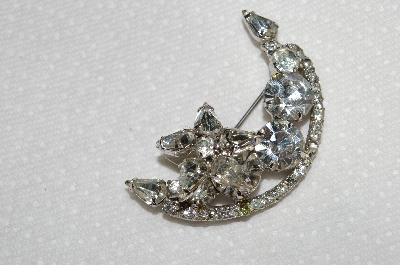 **MBA #E50-197   "Vintage Silvertone Clear Crystal Rhnestone 1/2 Moon & Star Pin"