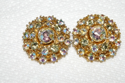 +MBA #E50-030   "Vintage Gold Tone Clear & AB Crystal Rhinestone Clip On Earrings"