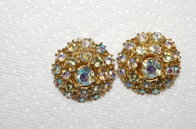 +MBA #E50-030   "Vintage Gold Tone Clear & AB Crystal Rhinestone Clip On Earrings"