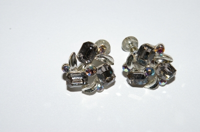 +MBA #E50-165   "Lisner Grey  & AB Crystal Rhinestone Screw Back Earrings"