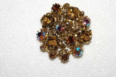 **MBA #E50-118   "Vintage Gold Plated Multi Colored AB Crystal & Rhinestone Flower Pin"
