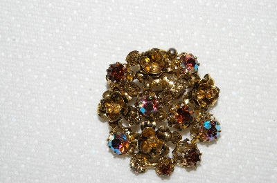 **MBA #E50-118   "Vintage Gold Plated Multi Colored AB Crystal & Rhinestone Flower Pin"