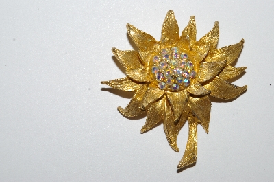 **MBA #E50-271   "Vintage Gold Tone AB Crystal Rhinestone Flower Pin"