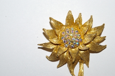**MBA #E50-271   "Vintage Gold Tone AB Crystal Rhinestone Flower Pin"