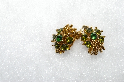 +MBA # E50-345   "Vintage Gold Plated Small Green Crystal Rhinestone Clip On Earrings"
