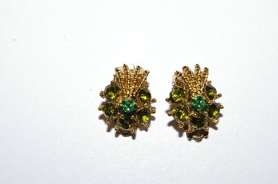 +MBA # E50-345   "Vintage Gold Plated Small Green Crystal Rhinestone Clip On Earrings"