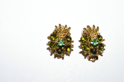 +MBA # E50-345   "Vintage Gold Plated Small Green Crystal Rhinestone Clip On Earrings"
