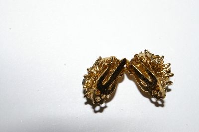 +MBA # E50-345   "Vintage Gold Plated Small Green Crystal Rhinestone Clip On Earrings"