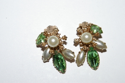+MBA #E50-387   "Vintage Gold Tone Green Rhinestone & Faux Pearl Clip On Earrings"