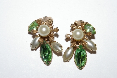 +MBA #E50-387   "Vintage Gold Tone Green Rhinestone & Faux Pearl Clip On Earrings"
