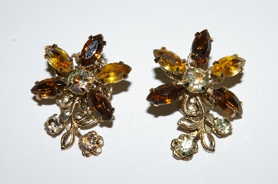 +MBA #E50-222   "Vintage Goldtone Multi Colored Rhinestone Clip On Earrings"