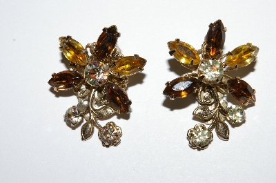 +MBA #E50-222   "Vintage Goldtone Multi Colored Rhinestone Clip On Earrings"