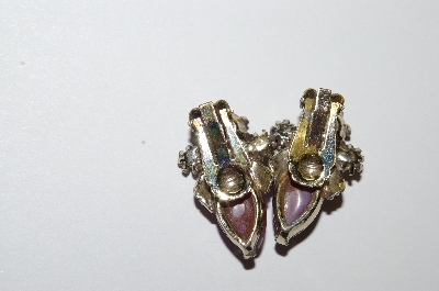+MBA #E50-226   "Vintage Gold Tone Purple Thermoplastic  & Rhinestone Clip On Earrings"
