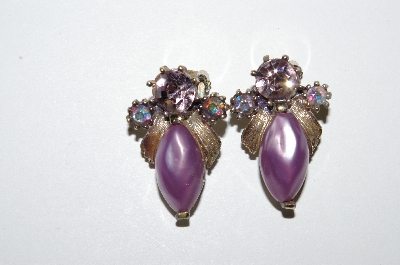 +MBA #E50-226   "Vintage Gold Tone Purple Thermoplastic  & Rhinestone Clip On Earrings"