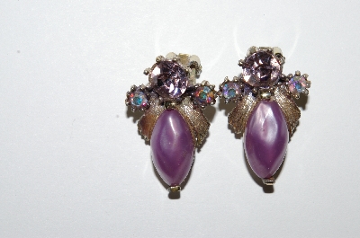 +MBA #E50-226   "Vintage Gold Tone Purple Thermoplastic  & Rhinestone Clip On Earrings"