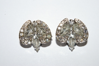 +MBA #E50-297   "Vintage Silvertone Fancy Clear Crystal Rhinestone Clip On Earrings"