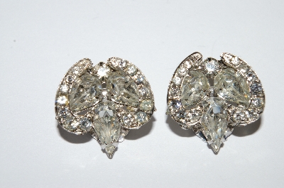 +MBA #E50-297   "Vintage Silvertone Fancy Clear Crystal Rhinestone Clip On Earrings"