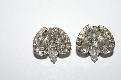 +MBA #E50-297   "Vintage Silvertone Fancy Clear Crystal Rhinestone Clip On Earrings"