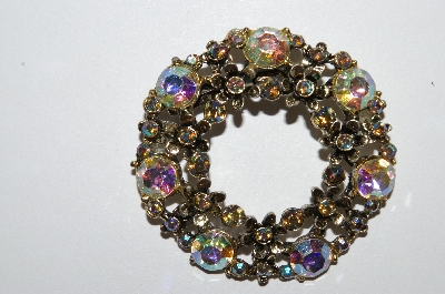 **MBA #E50-277   "Vintage Antiqued Gold Tone AB Crystal Rhinestone Floral Pin"