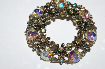 **MBA #E50-277   "Vintage Antiqued Gold Tone AB Crystal Rhinestone Floral Pin"