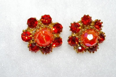 +MBA #E50-328   "Vintage Orange Acrylic Stone & Orange Crystal Rhinestone Clip On Earrings"