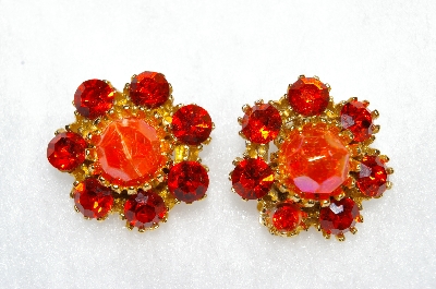 +MBA #E50-328   "Vintage Orange Acrylic Stone & Orange Crystal Rhinestone Clip On Earrings"
