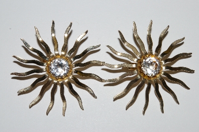 +MBA #E50-243   "SAC Sarah Coventry  Gold Tone Clear Crystal Rhinestone Fancy Sun Earrings"