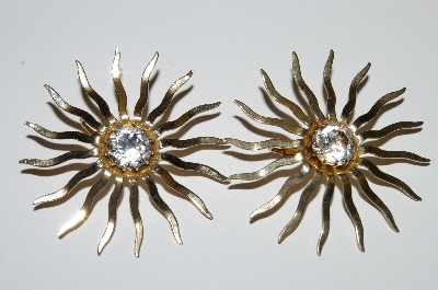+MBA #E50-243   "SAC Sarah Coventry  Gold Tone Clear Crystal Rhinestone Fancy Sun Earrings"