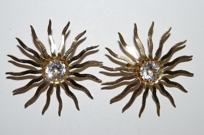 +MBA #E50-243   "SAC Sarah Coventry  Gold Tone Clear Crystal Rhinestone Fancy Sun Earrings"