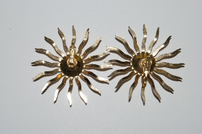 +MBA #E50-243   "SAC Sarah Coventry  Gold Tone Clear Crystal Rhinestone Fancy Sun Earrings"