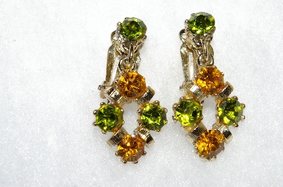 +MBA #E50-360   "Vintage Gold Tone Green & Orange Crystal Rhinestone Drop Earrings"