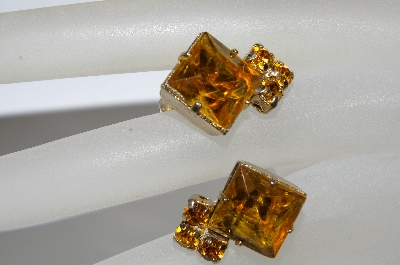 +MBA #E50-286   "Vintage Gold Tone Citrine Colored Rhinestone Earrings"