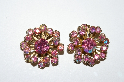 +MBA #E50-240   "Vintage Gold Tone Pink AB Crystal Rhinestone Earrings"