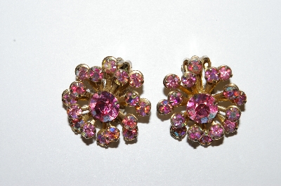 +MBA #E50-240   "Vintage Gold Tone Pink AB Crystal Rhinestone Earrings"