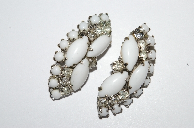 +MBA #E50-279   "Vintage Silvertone White Milk Glass & Clear Crystal Rhinestone Earrings"