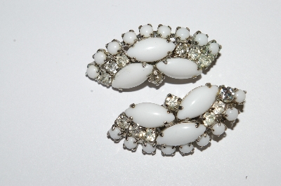 +MBA #E50-279   "Vintage Silvertone White Milk Glass & Clear Crystal Rhinestone Earrings"