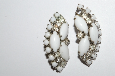 +MBA #E50-279   "Vintage Silvertone White Milk Glass & Clear Crystal Rhinestone Earrings"