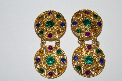 +MBA #E50-250   "Vintage Gold Tone Multi Colored Acrylic Rhinestone Earrings"