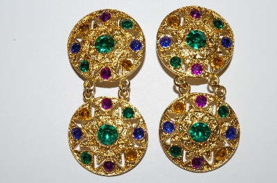 +MBA #E50-250   "Vintage Gold Tone Multi Colored Acrylic Rhinestone Earrings"