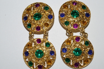 +MBA #E50-250   "Vintage Gold Tone Multi Colored Acrylic Rhinestone Earrings"