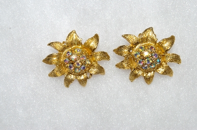 +MBA #E50-323   "Vintage Gold Plated Fancy AB Crystal Rhinestone Earrings"