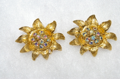 +MBA #E50-323   "Vintage Gold Plated Fancy AB Crystal Rhinestone Earrings"