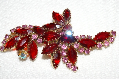 +MBA #E52-061   "Juliana  Goldtone Red Glass & Pink Rhinestone Brooch"