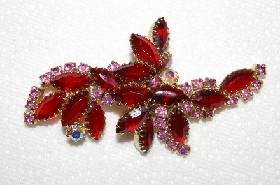 +MBA #E52-061   "Juliana  Goldtone Red Glass & Pink Rhinestone Brooch"