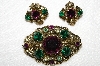 +MBA #E52-058    "Vintage Gold Tone Green, Purple & Clear Glass & Rhinestone Pin & Earrings Set"