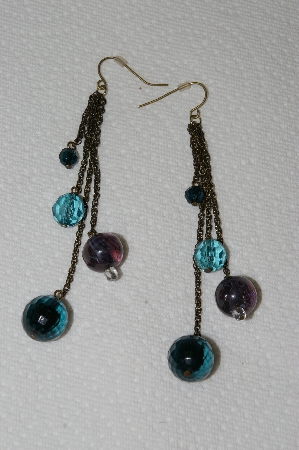 +MBA #E52-081   "Vintage Gold Tone Blue Acrylic Bead Drop Style Pierced Earrings"