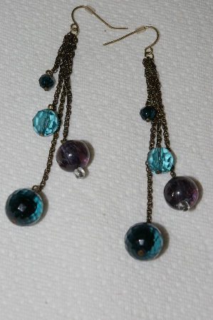 +MBA #E52-081   "Vintage Gold Tone Blue Acrylic Bead Drop Style Pierced Earrings"